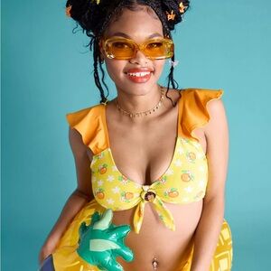 Hot Topic strawberry shortcake Yellow Orange Fruit Print Ruffle Bikini Top